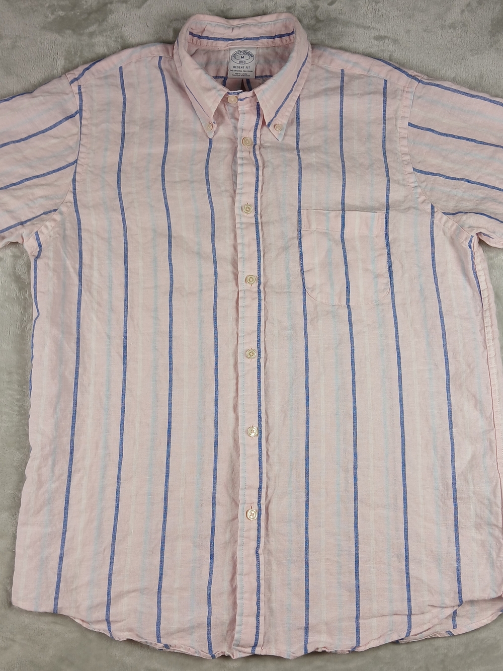 Brooks Brothers 100% Linen Shirt M Men's Regent Fit Short Sleeve Striped Pink